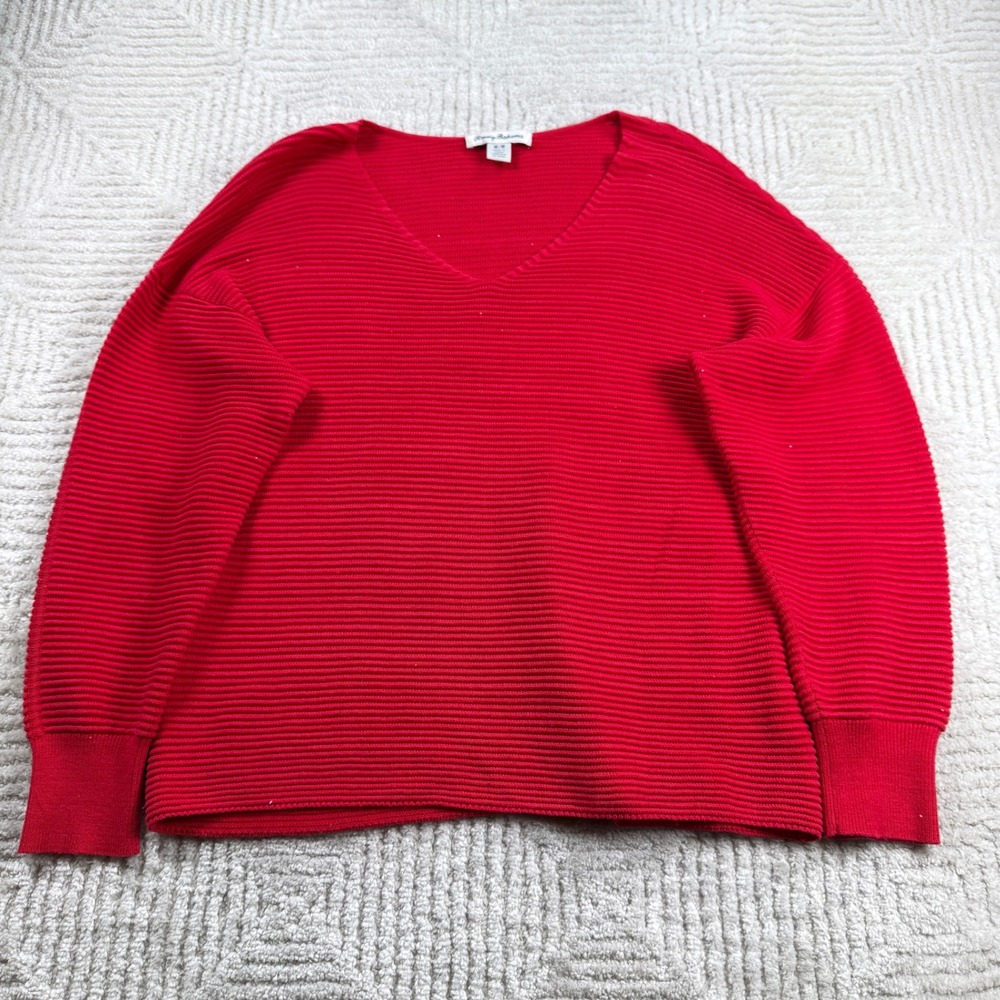 Tommy Bahama Sweater Women's Medium Red Ribbed Knit Coastal Nautical Preppy Chic